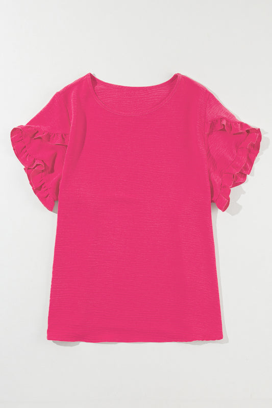 Bright Pink Ruffled Short Sleeve Plus Size Top