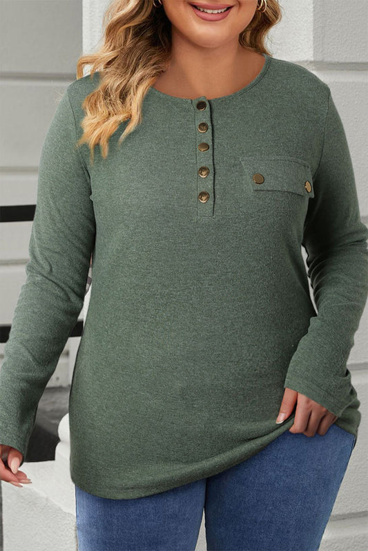 Mist Green Plus Size Snap Button Henley Top