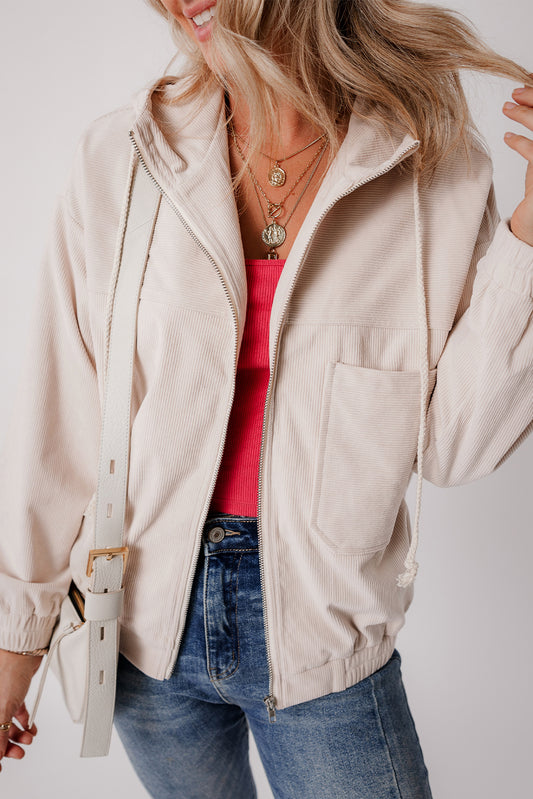 White Corduroy Drawstring Hooded Jacket