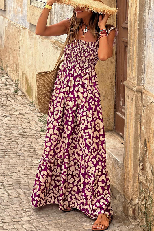 Rose Leopard Ruffle Straps High Waist Long Dress