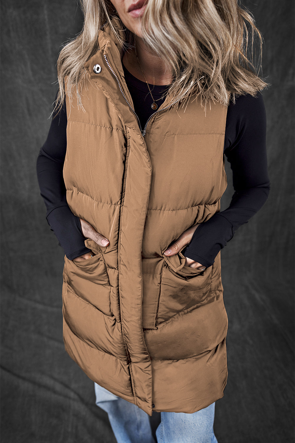 Coffee Full Zipper Puffer Vest with Pockets