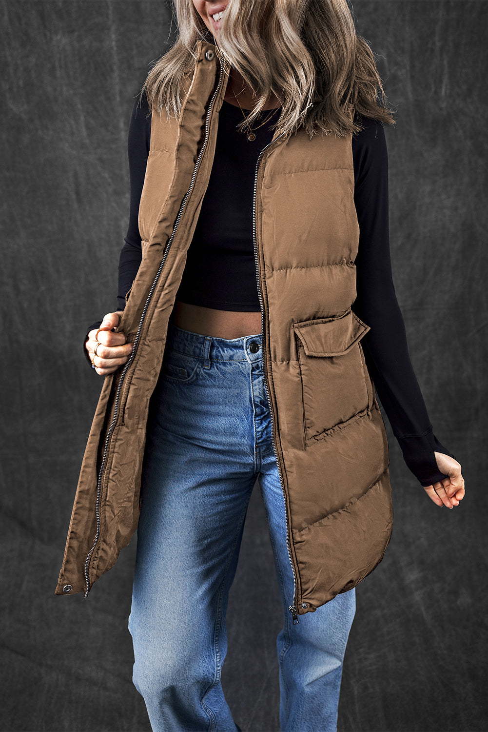 Coffee Full Zipper Puffer Vest with Pockets