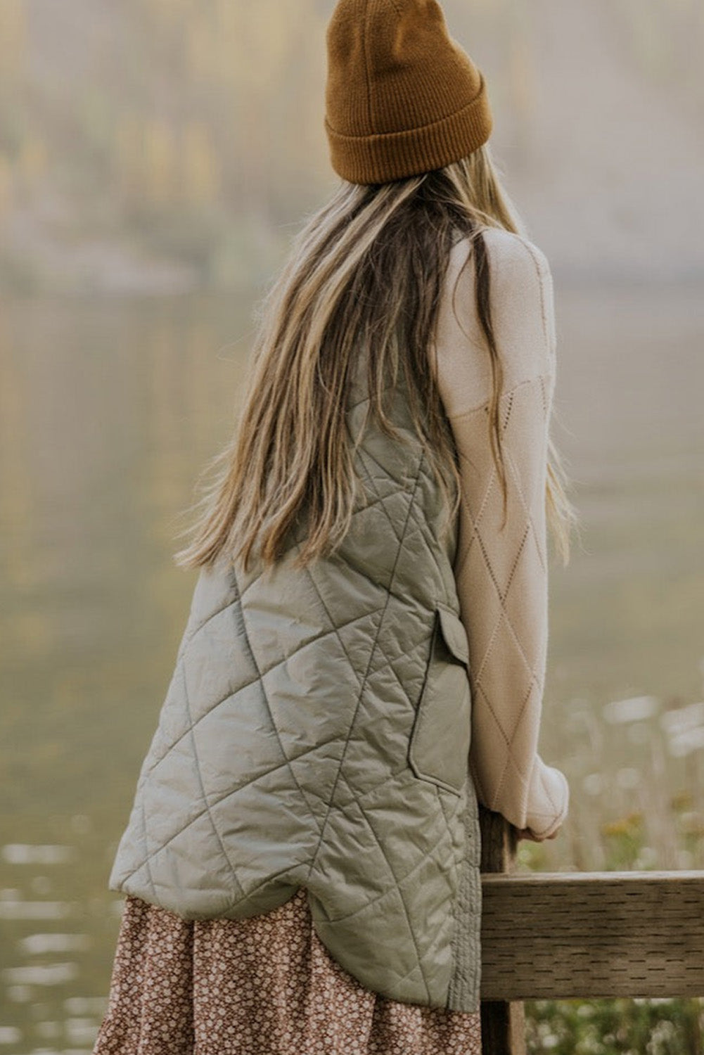 Quilted Long Vest Jacket w/Pockets