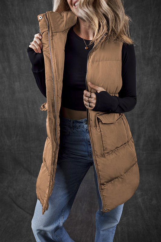 Coffee Full Zipper Puffer Vest with Pockets