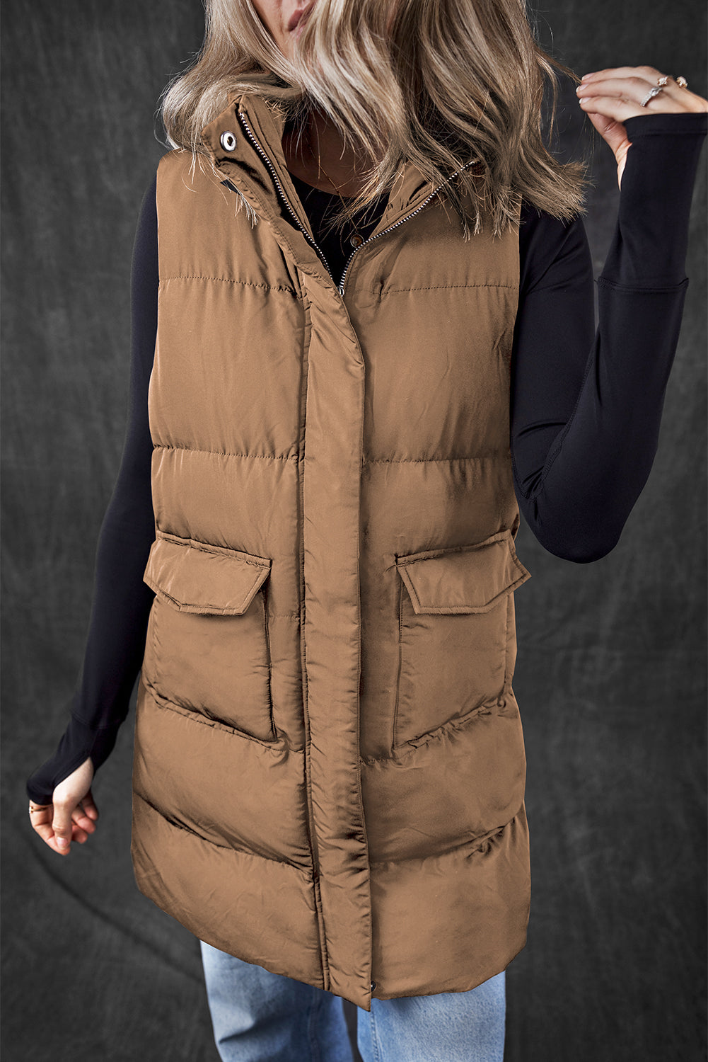 Coffee Full Zipper Puffer Vest with Pockets