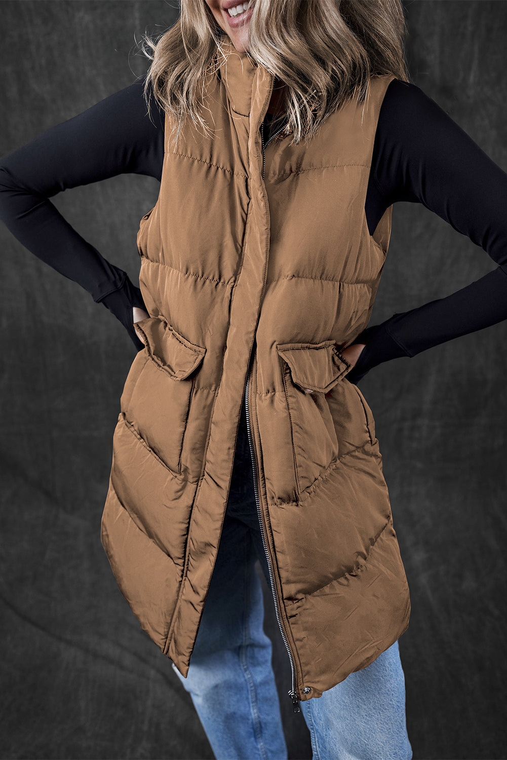 Coffee Full Zipper Puffer Vest with Pockets