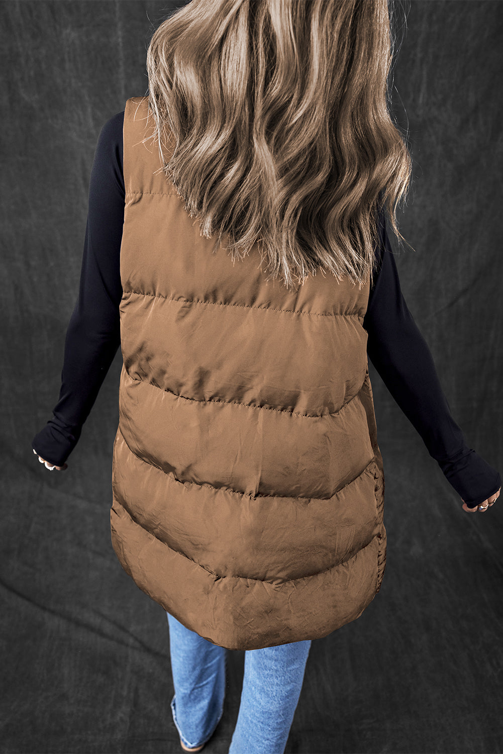 Coffee Full Zipper Puffer Vest with Pockets