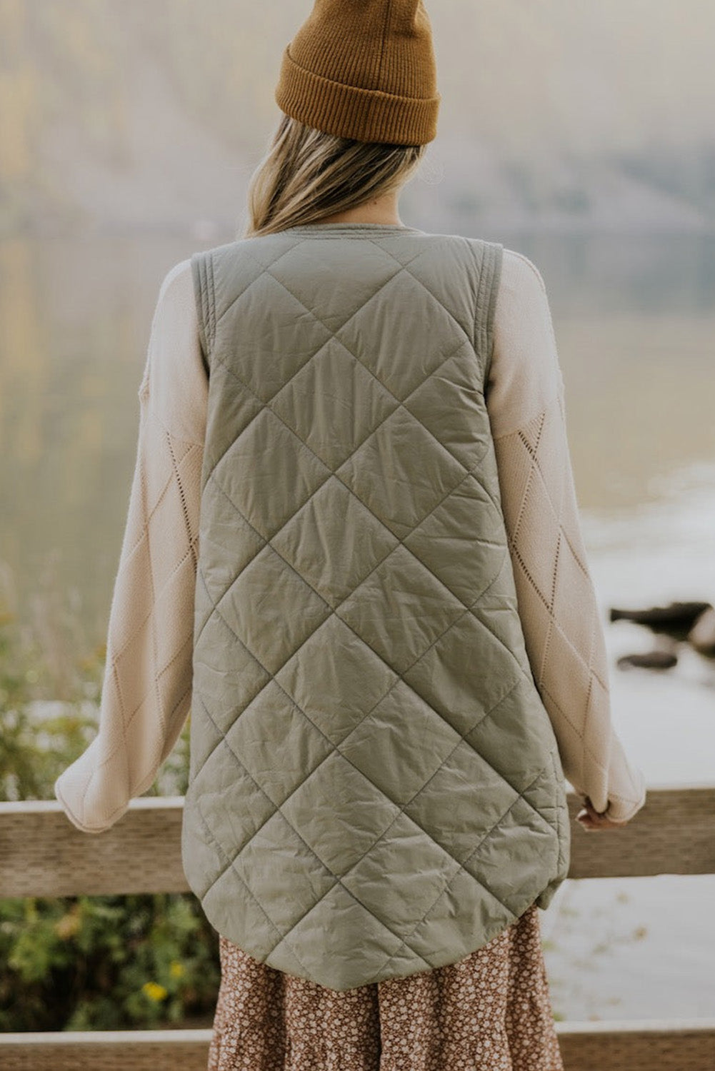 Quilted Long Vest Jacket w/Pockets