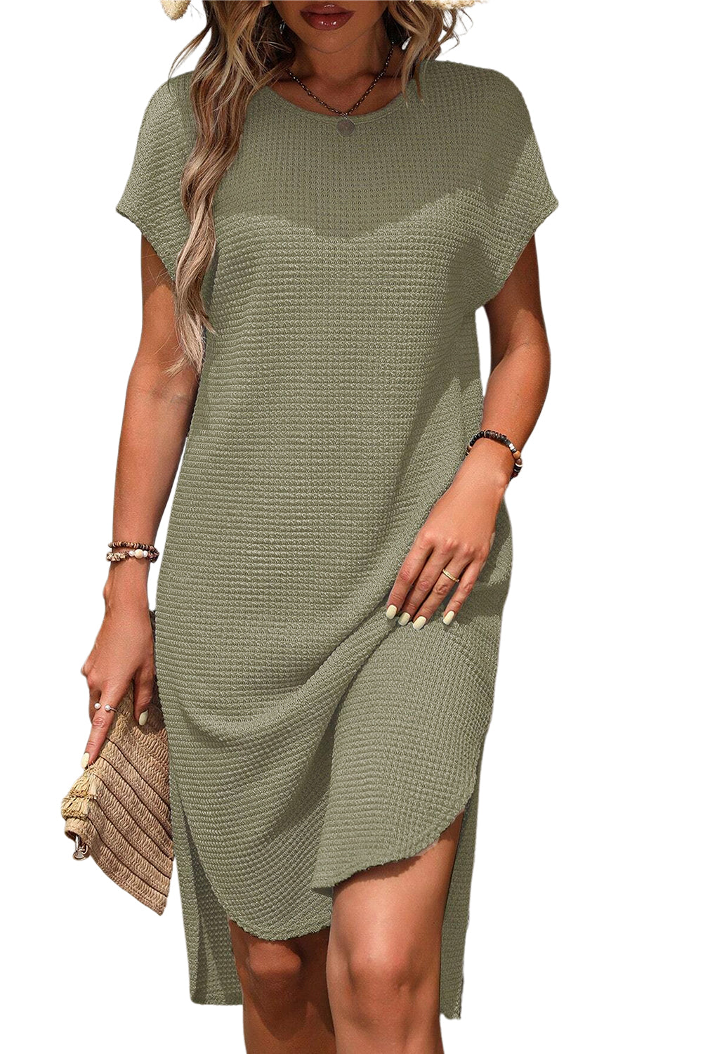 Jungle Green Waffle Texture Curved Hem Side Slit T-shirt Dress