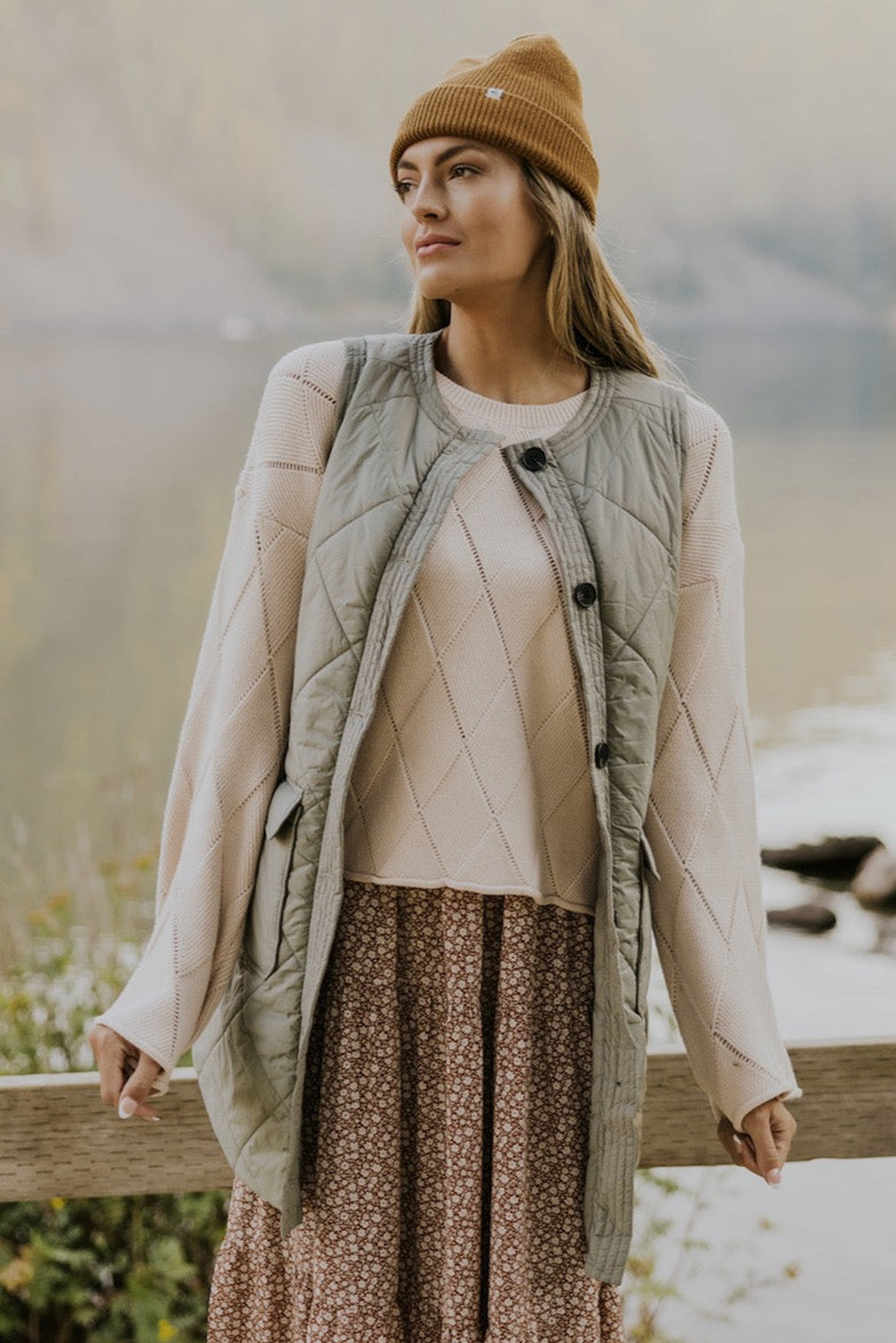 Quilted Long Vest Jacket w/Pockets