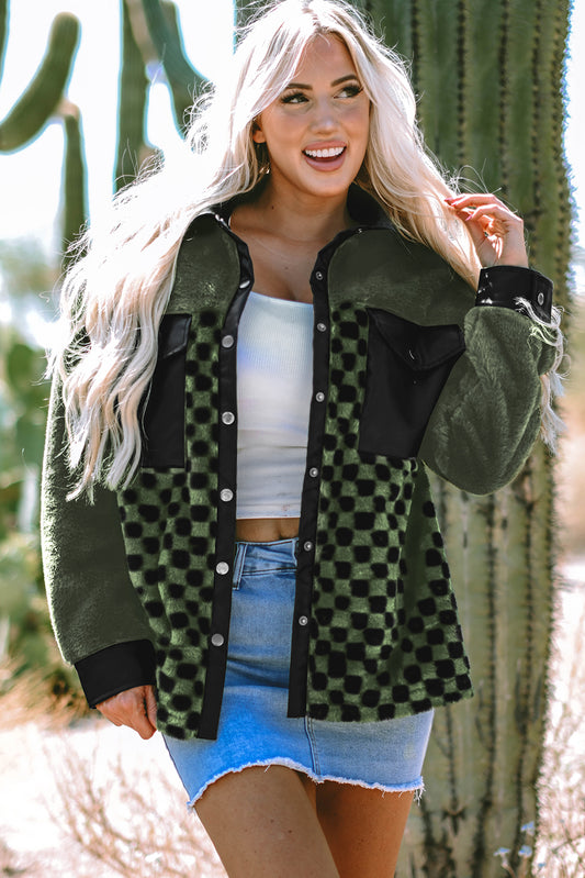 Fleece Checkerboard Snap Button Jacket