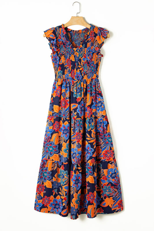 Dark Blue Boho Floral Long Dress