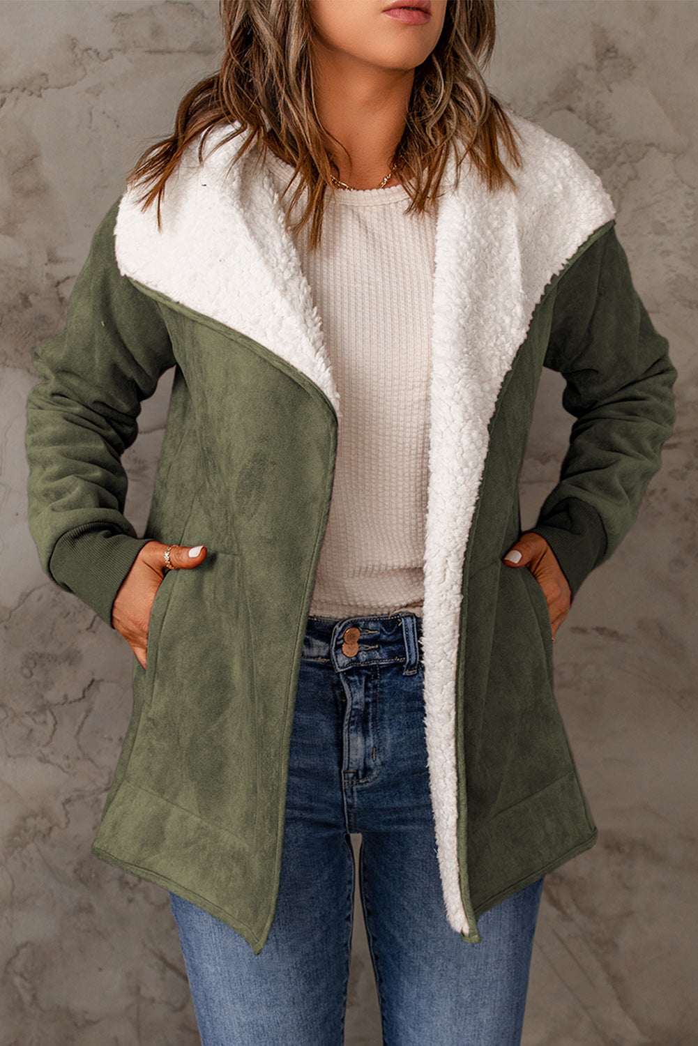 Green Faux Suede Fleece Lined Open Front Jacket