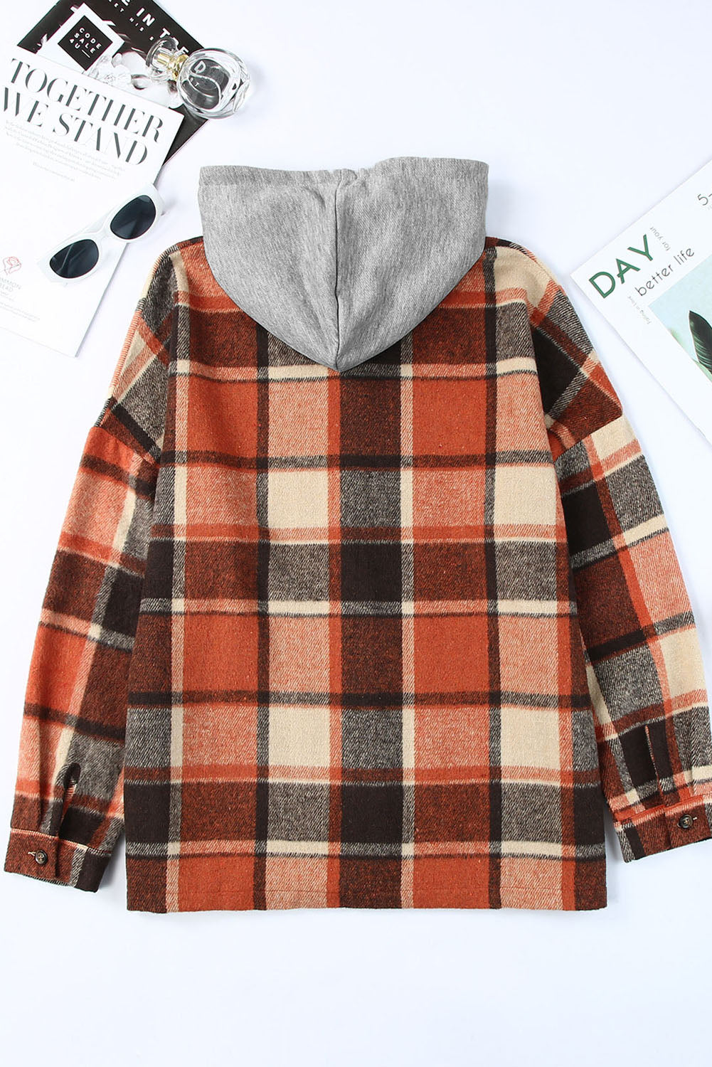 Orange Hooded Plaid Button Front Shacket