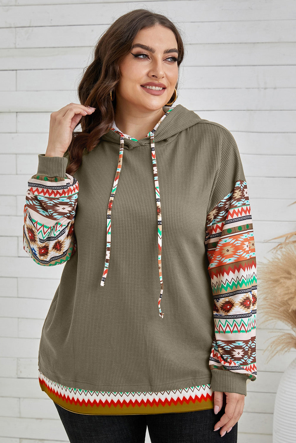 Aztec Patchwork Waffle Drawstring Plus Hoodie - Jungle Green