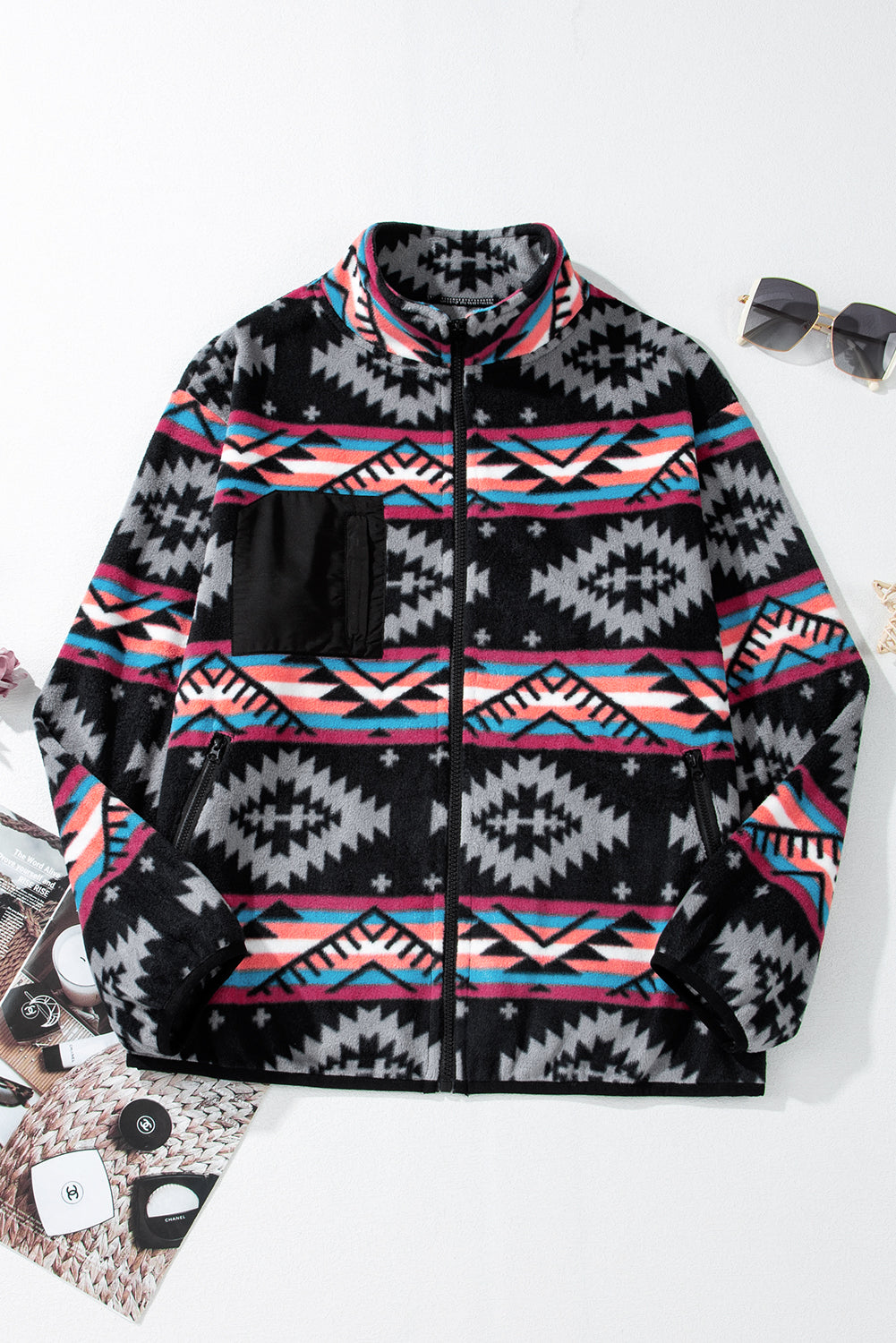 Aztec Zip Up Jacket - Black