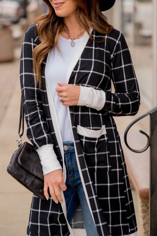 Black Plaid Cardigan with Pocket